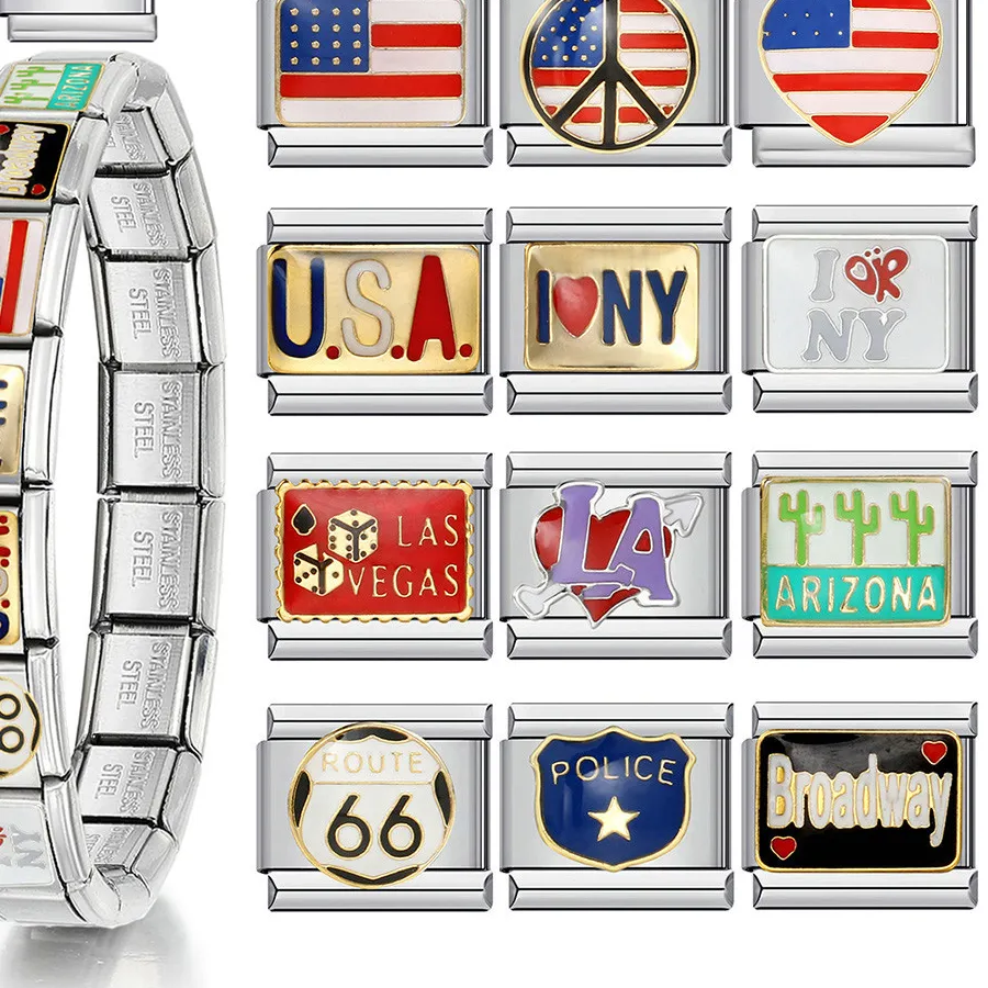 Authentic 1Pc Y2K Italian Bracelet Diy Making Elastic Link Chain La York Flag Usa Exclusive Jewelry Accessories