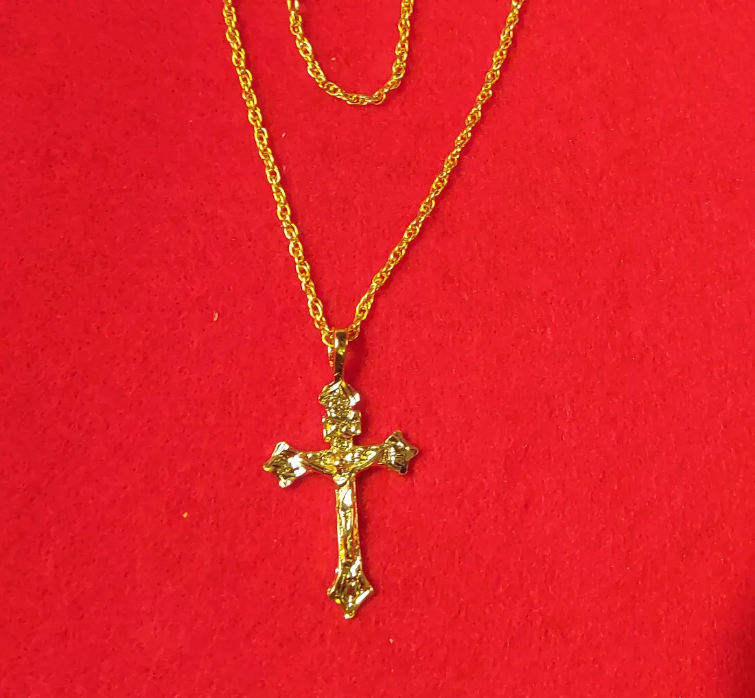 Authentic 14KT GOLD PLATED RELIGOUS CROSS CRUCIFIX CHARM WITH 24 INCH ROPE CHAIN- 2043