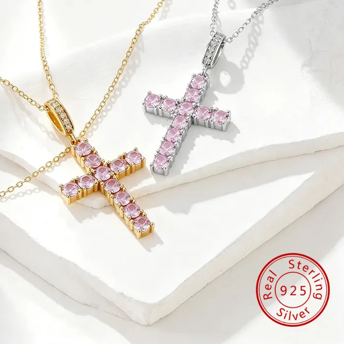 Authentic 925 Sterling Silver Micro Pave Pink Round Zircon Cross Pendant Cable Chain Necklace Faith Religious Dainty Jewelry