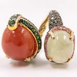 Authentic 24.47ct Natural Sapphire Tsavorite and Moonstone Ring 925 Sliver in Gold Plated