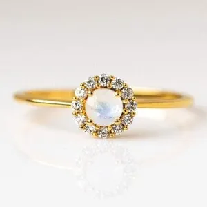 Authentic Lab Grown Rainbow Moonstone Ring 925 Sterling Silver 18k Yellow Gold Plated Ring