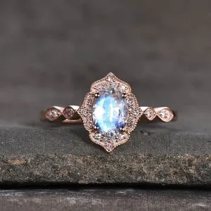 Authentic Lab Grow Moonstone Ring for Her, 925 Sterling Silver Ring, Rose Gold Plated Ring