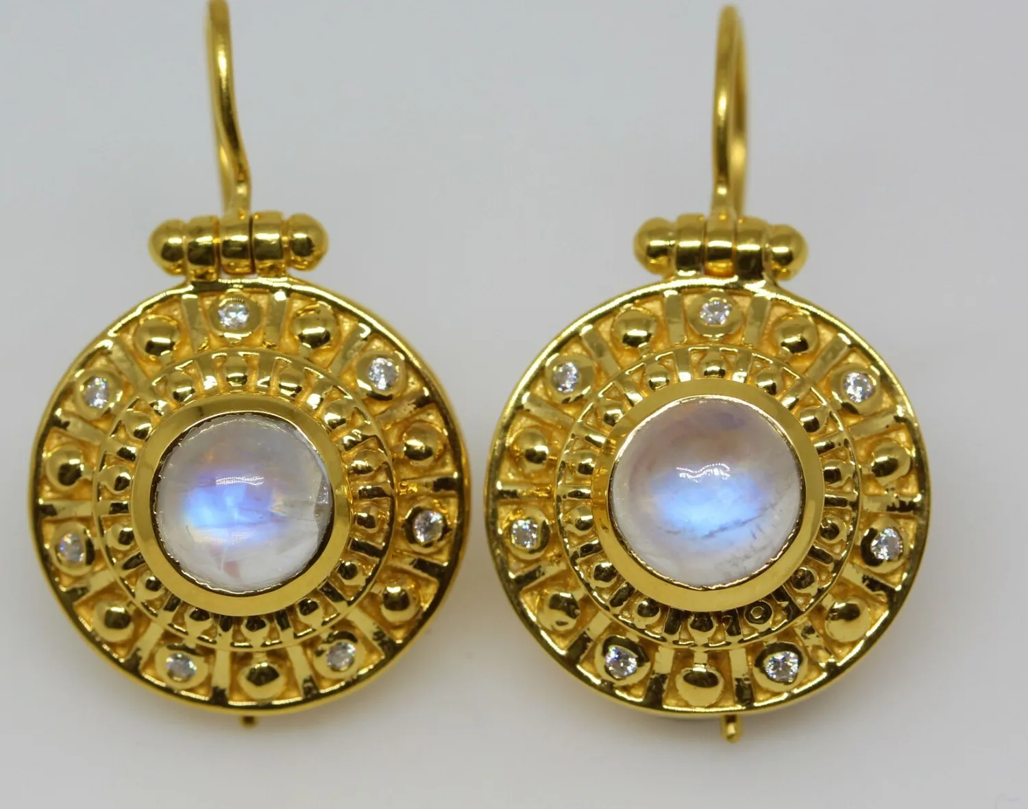 Authentic Natural  Moonstone Medallion Dangle Earrings Hooks 24k Gold Plated Video #276