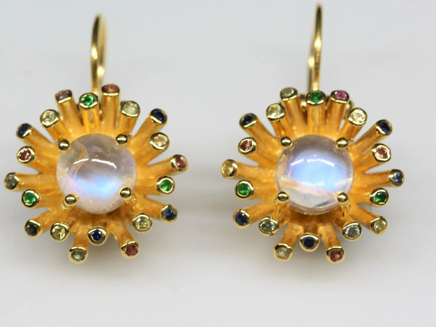 Authentic Moonstone Dangle Earrings Hooks 24k Gold Plated Silver Watch Video #284