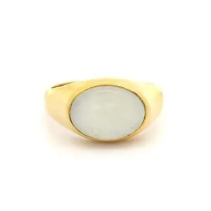 Authentic Silver Gold Plated Cabochon Rainbow Moonstone Sideway Solitaire Bezel Ring