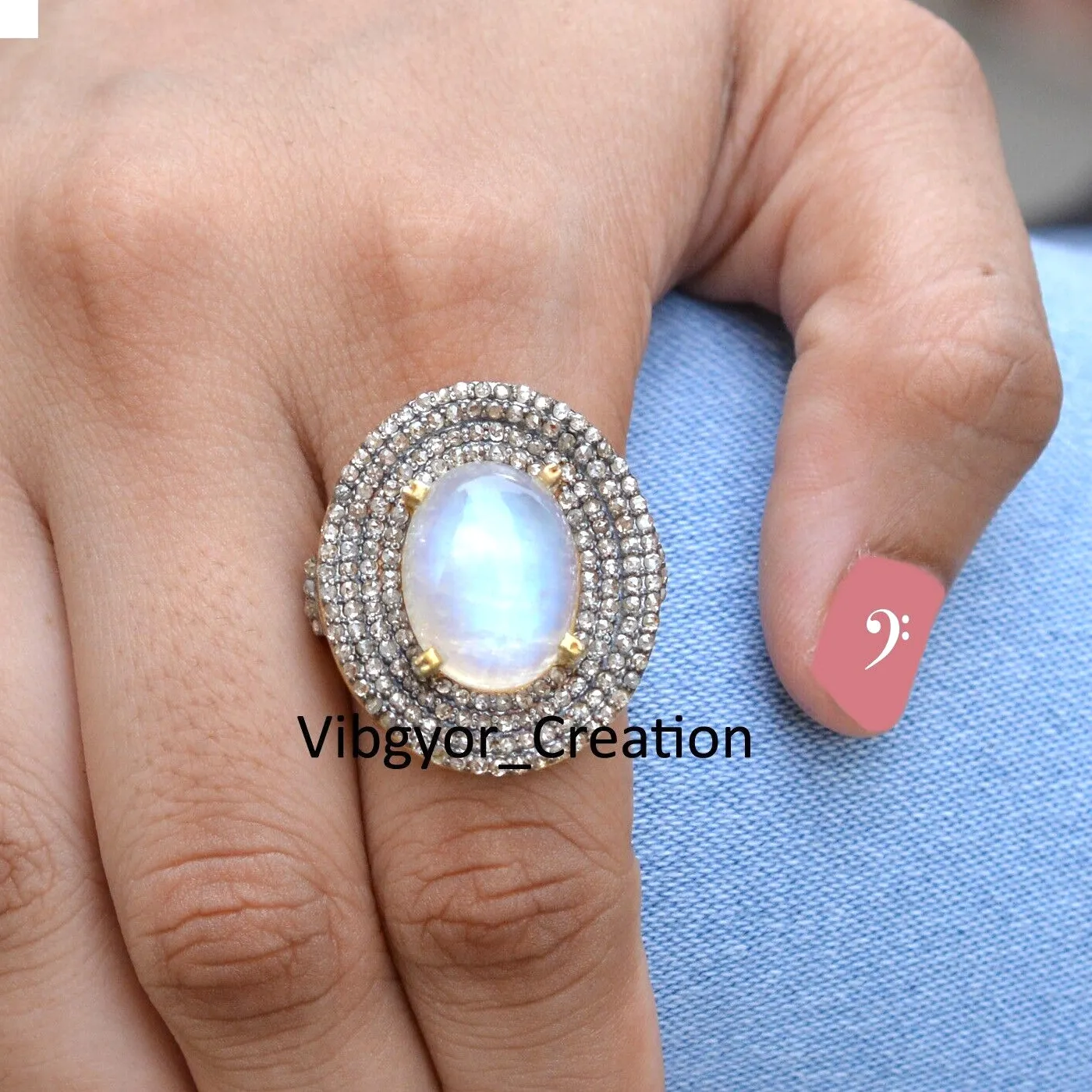 Authentic Luminous Lunar Embrace Moonstone and Pavé Diamond Ring in 18K Gold-Plated Sterling Silver