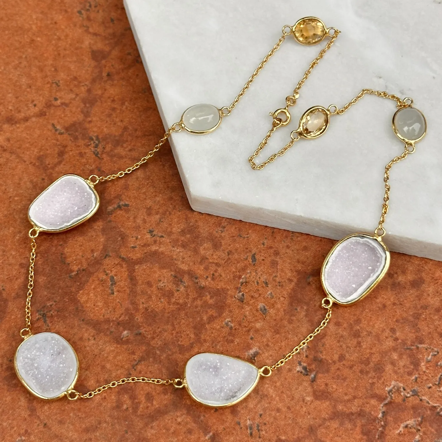 Authentic Sterling Silver Yellow Gold Plated Druzy, Moonstone, Citrine Station Necklace