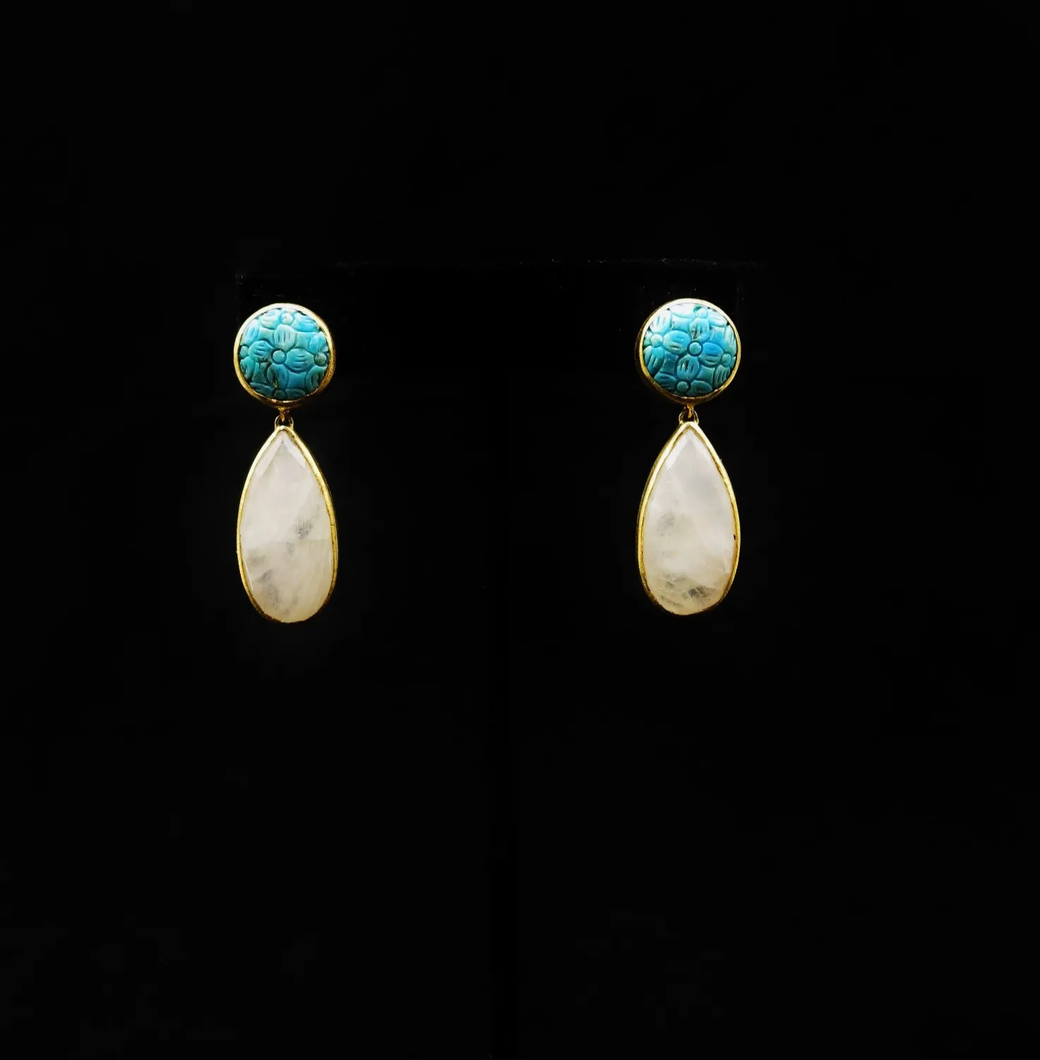 Authentic Pair of Nina Nguyen 18k Gold Plated Carved Turquoise & Moonstone Dangle Earrings