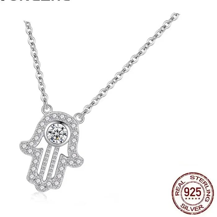 Authentic Tongzhe 925 Sterling Silver Necklace Lucky Hand Hamsa Fatima Long Chain Initial Necklace Turkey Jewelry