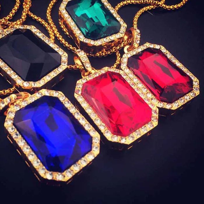 Authentic Hip Hop Bling Iced Out Big Black Red Blue Square Stone Gem Pendant Necklace Box Chain Imitation Gemstone Necklace Fine Jewelry