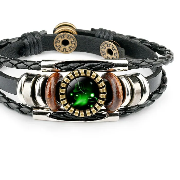 Authentic Celestial Woven Talisman The Twelve Constellations Black Leather & Glass Dome Bracelet