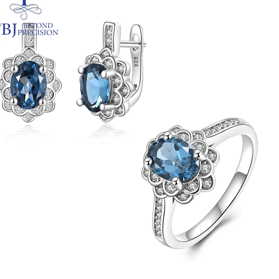 Authentic Tbj Natural London Blue Topaz Jewelry 925 Sterling Silver Earring Ring Classic Design Fine Jewelry Nice