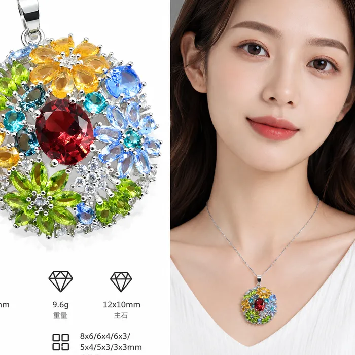 Authentic Shecrown 46X34Mm Big Size 9.6G Created Rhodolite Garnet Citrine Peridot London Blue Topaz Dating Silver Plated Pendant