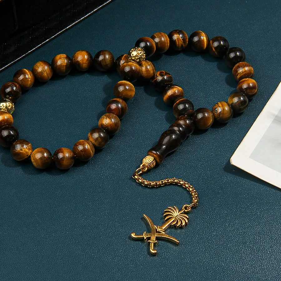 Authentic 10Mm Natural Tiger Eye Stone Bead Bracelet Exquisite Pendant Muslim Bead Bracelet- Ideal For Eid Al Fitr And Ramadan