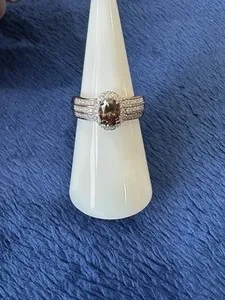 Authentic D’Joy Sterling Silver Rose Gold Plated Halo Style Smoky Quartz Diamond Ring 6.25