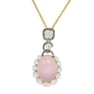 Authentic 925 Sterling Silver 18k Gold Plated Natural Diamond Polki Rose Quartz Pendant