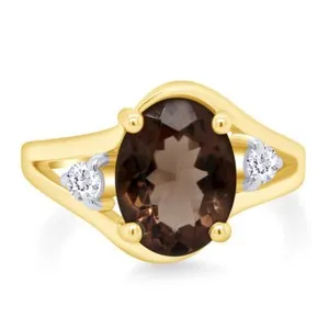 Authentic 14K Rose Gold Plated Oval Cut Smoky Quartz & White Topaz Fashion Ring
