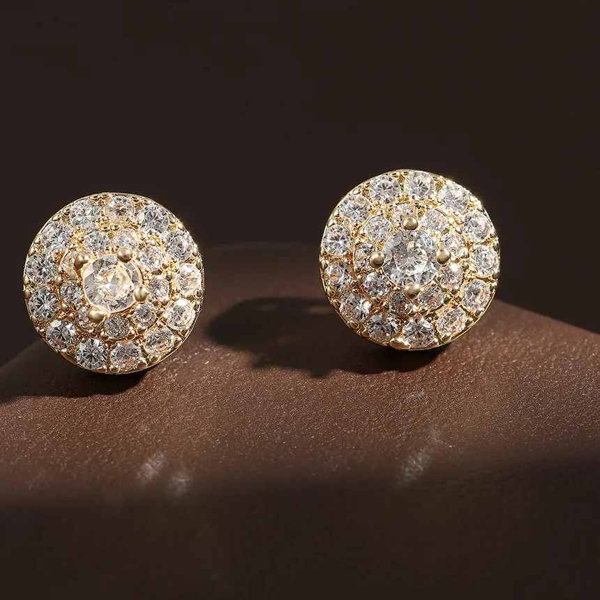 Authentic Hip Hop Rock Round Zirconia Stud Earrings Silver Gold Color Crystal Ear Jewelry