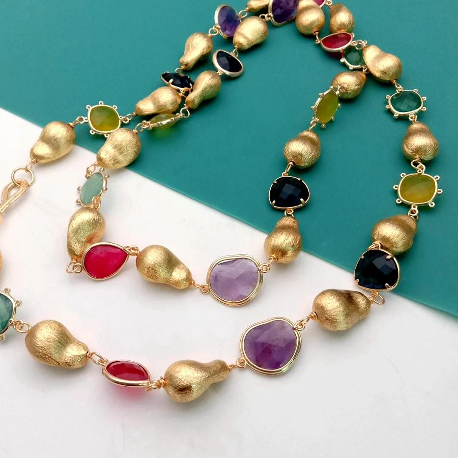 Authentic Kkgem Natural 13X18Mm Brushed Beads 14Mm Fluorite Lemon Quartz Amethyst Jade Long Necklace Necklaces 40'