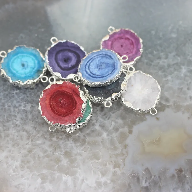 Authentic 5Pcs Natural Sun Flower Druzy Slabs Gem Stone Connectors, Silvers Edges Solar Quartz Druzy Slice Pendants Charms Making Jewelry