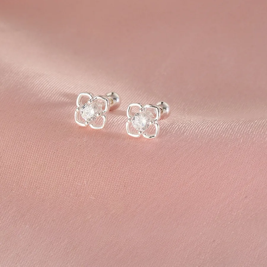 Authentic Real 925 Sterling Silver Zircon Flower Bead Screw Mini Plant Stud Earrings Classic Fine Jewelry Exquisite Accessories