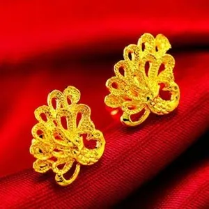 Authentic Gold Plated Phoenix Stud Earrings Vintage Chinese Style Womens Jewelry