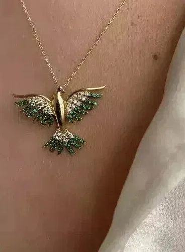 Authentic Lab Created Emerald 2Ct Round Cut Phoenix Bird Pendant 14k Yellow Gold Plated