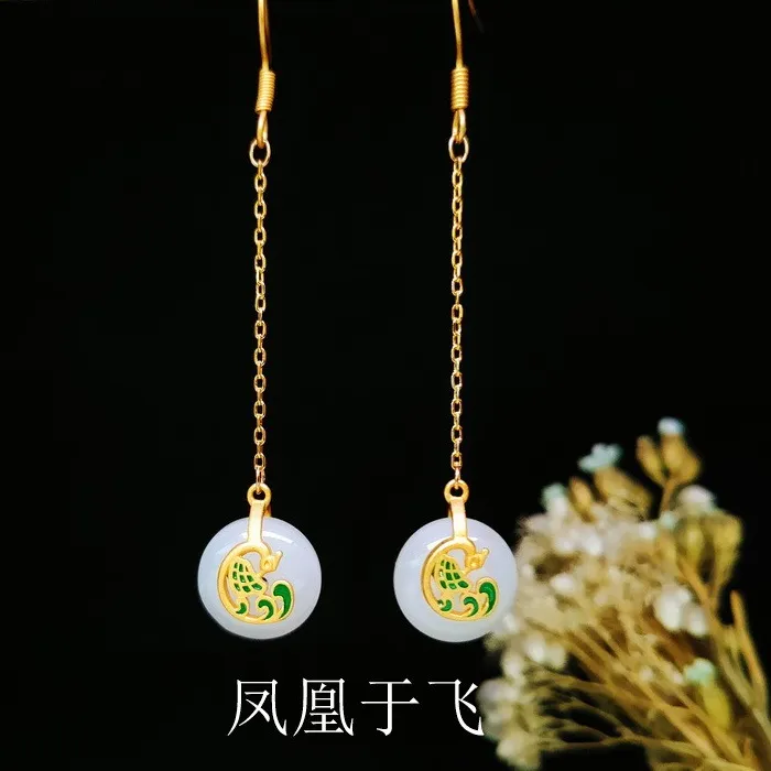 Authentic Court Style Gold Plated Enamel Inlaid White Jade Phoenix Safety Earrings