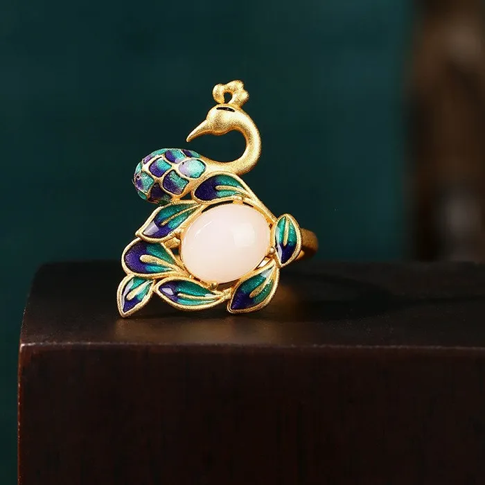 Authentic Gold Plated Enamel Painted Phoenix Hetian Jade Adjustable Ring Jewelry