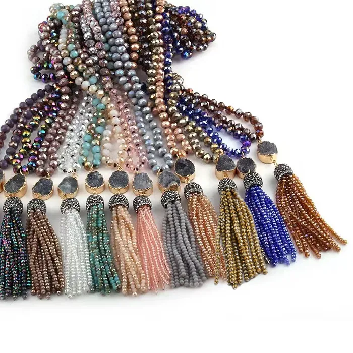 Authentic Bohemian Tribal Jewelry Multi Glass Knotted Druzy Link Crystal Tassel Necklaces Ethnic Necklace 24 Color Choose