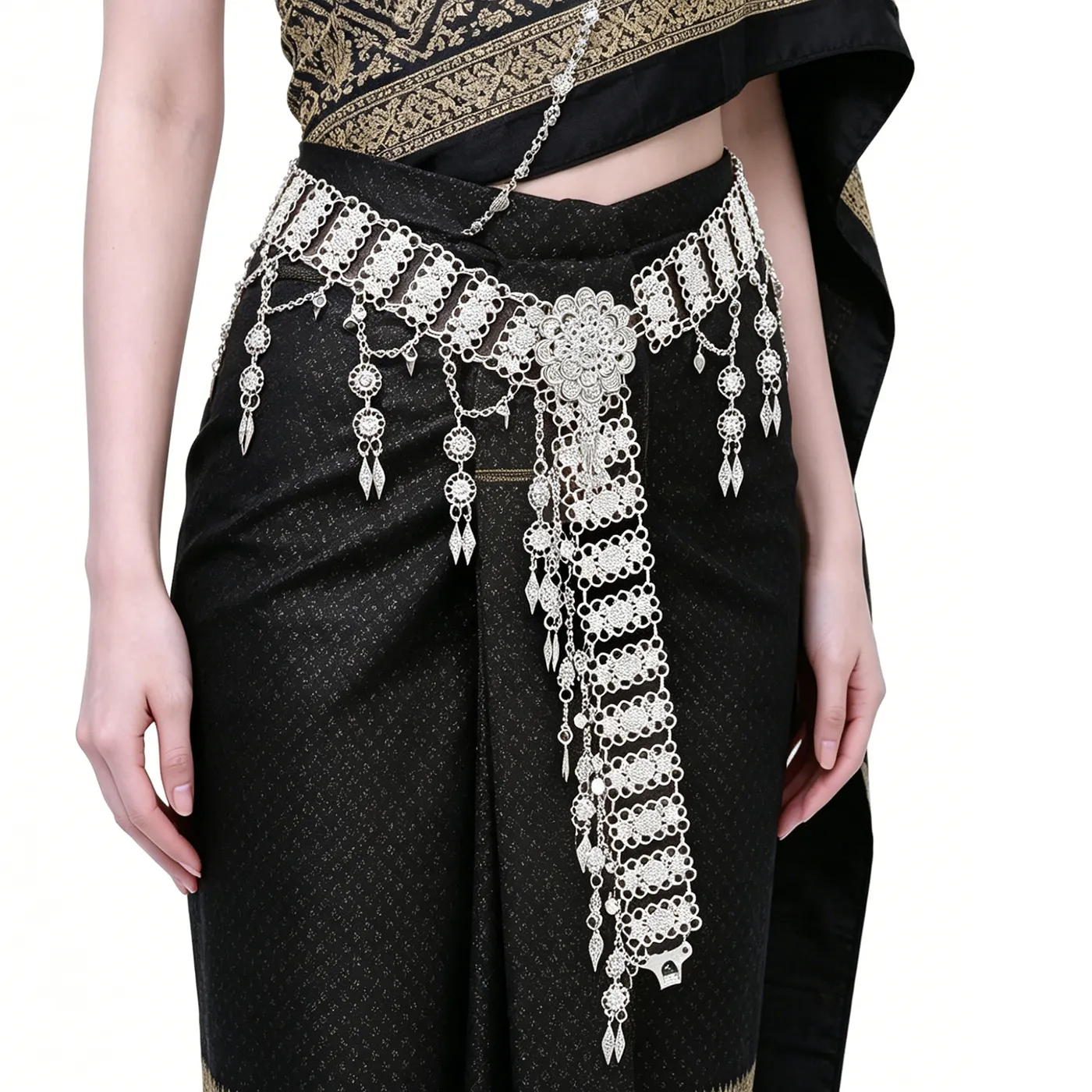 Authentic Bohemian Silver Hollow Flower Geometry Tassel Waist Chain Belly Dance India Thai Turkey Kurdish Female Ethnic Jewelry Accessory