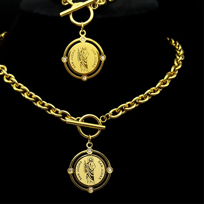 Authentic Christian Rhinestone San Judas Tadeo Pendant Necklace Bracelets Sets Gold Color Jewelry