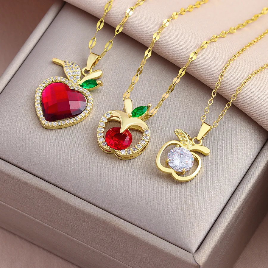 Authentic In Sparkling Zircon Crystal Apple Pendant Necklaces Ladies Neck Chain Jewelry Girls