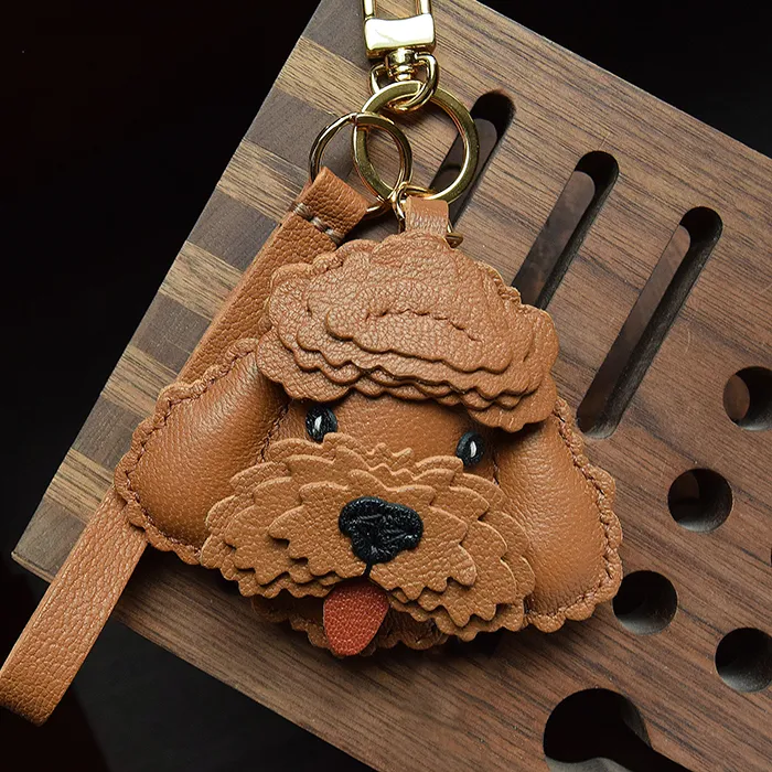 Authentic Handmade Genuine Leather Bag Teddy Bear Key Chain Puppies And Dogs Little Poodle Key Ring With Box