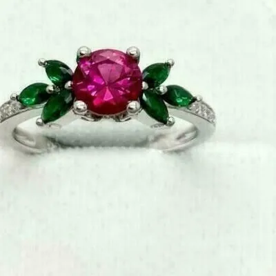 Authentic Round Cut Simulated Pink Ruby Pretty Flower Wedding Ring 14K White Gold Plated