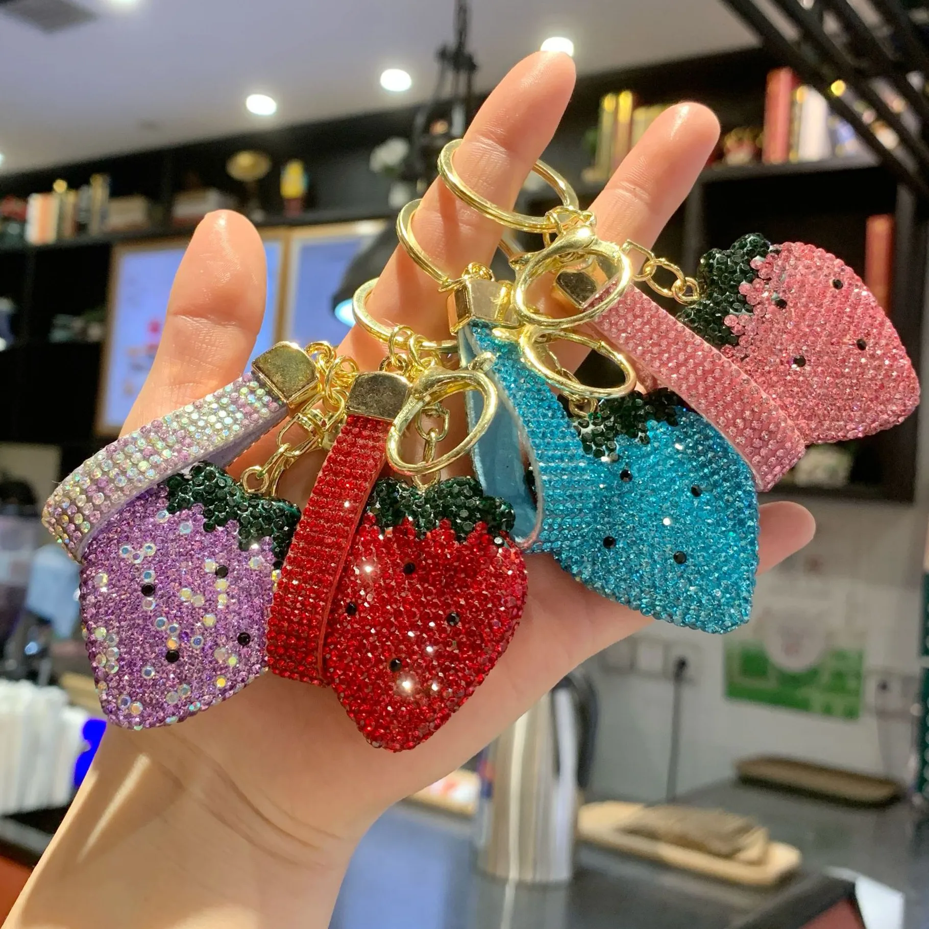 Authentic Creative Clay Strawberry Keychain- Double- Sided Full Rhinestone, & Sweet Bag Accessory