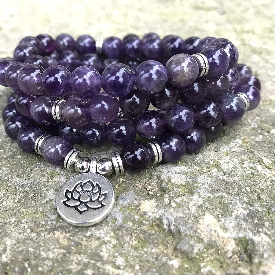 Authentic Sacred Amethyst 108 Mala Lotus Talisman