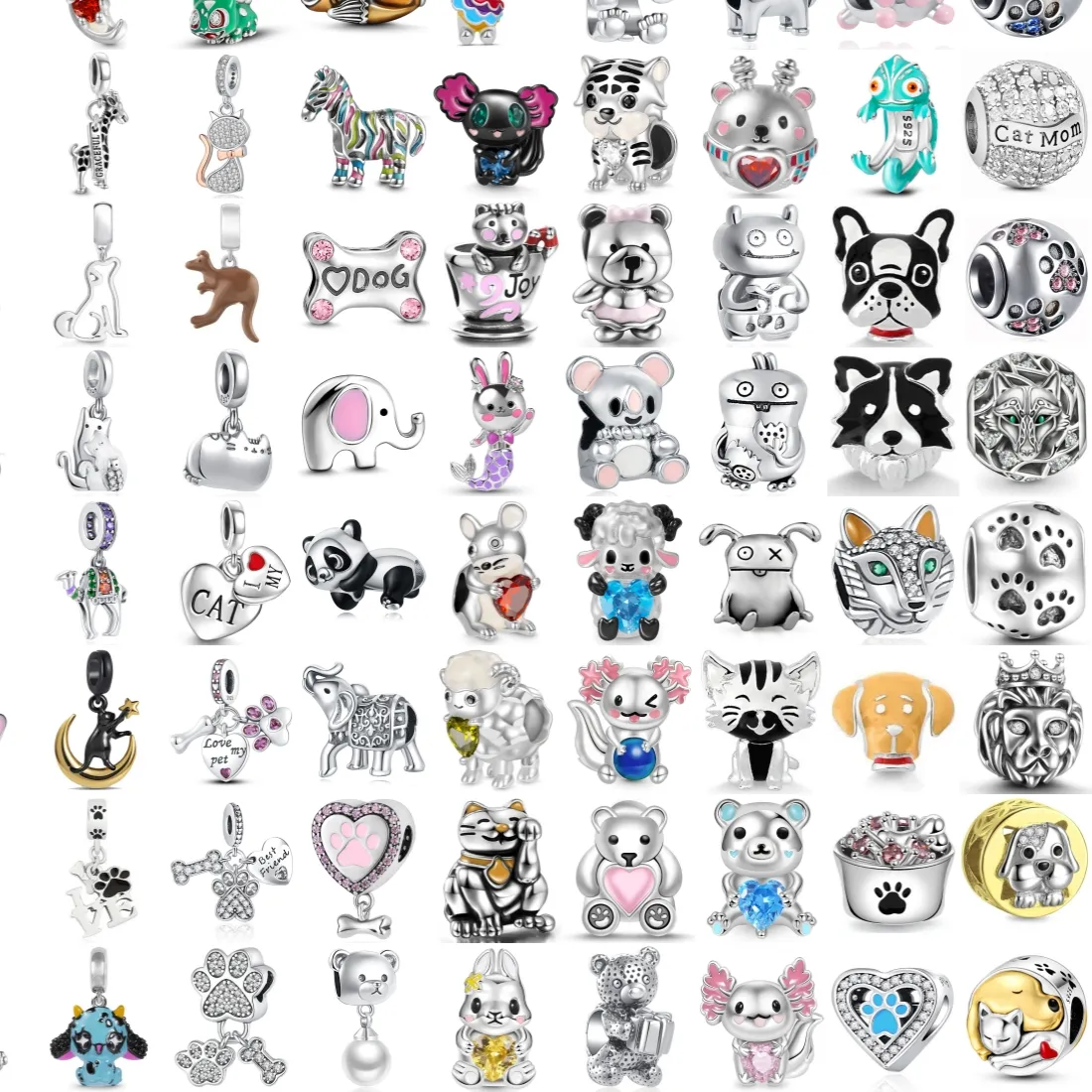 Animal Series Silver Charms Beads Cat Dog Rabbit Elephant Pet Paw Print Dangle Fit Diy Jewelry