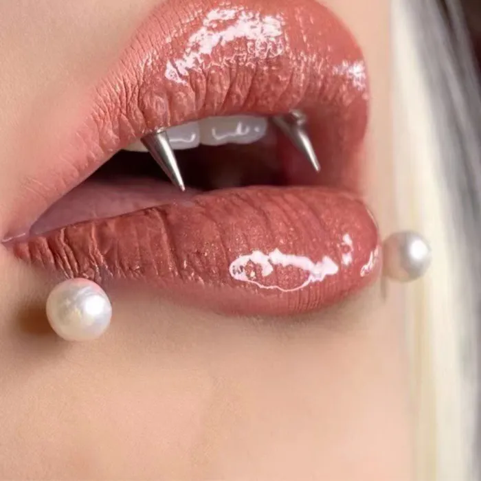 Authentic 1Pc Punk Smiling Tiger Teeth Dracula Nail Cone Vampire Zombie Teeth Stud Horseshoe Lip Ring Piercing Jewelry 16G