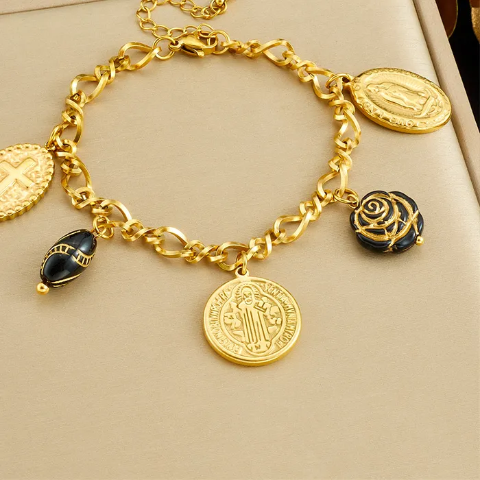 Authentic Dieyuro 316L Golden Round Portrait Cross Black Rose Pendant Bracelet Classic Wrist Chain Jewelry
