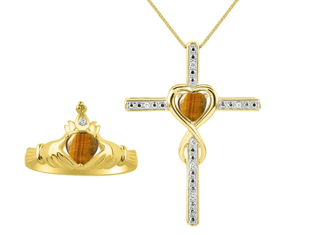 Authentic RYLOS Gold-Plated Silver Claddagh Ring & Cross Necklace Set Gemstone, Sizes 5-10