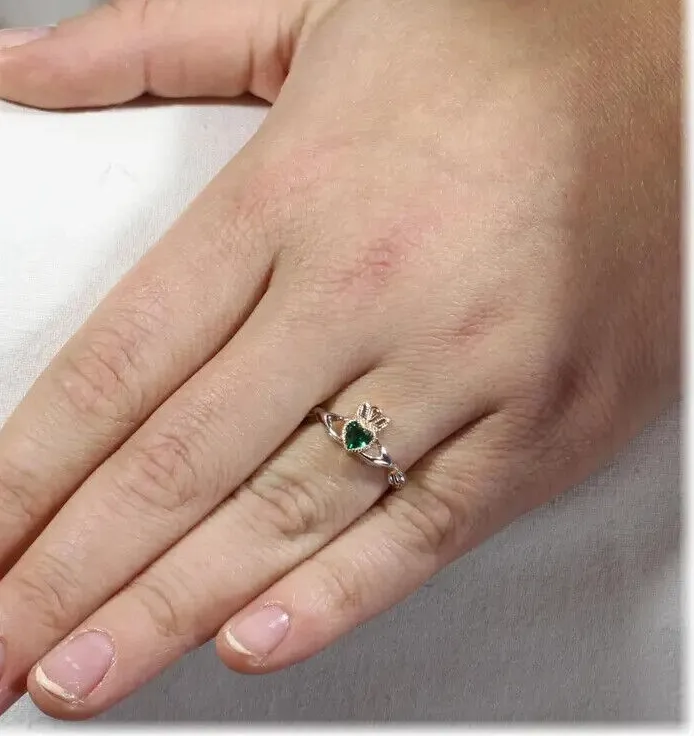 Authentic 2Ct Heart Cut Lab-Created Green Emerald Claddagh Ring in 14K Yellow Gold Plated