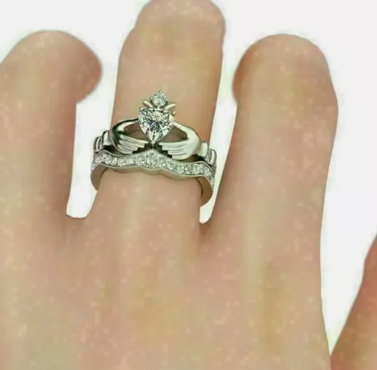Authentic The Eternal Union 14K White Gold Plated Diamond Claddagh Bridal Set