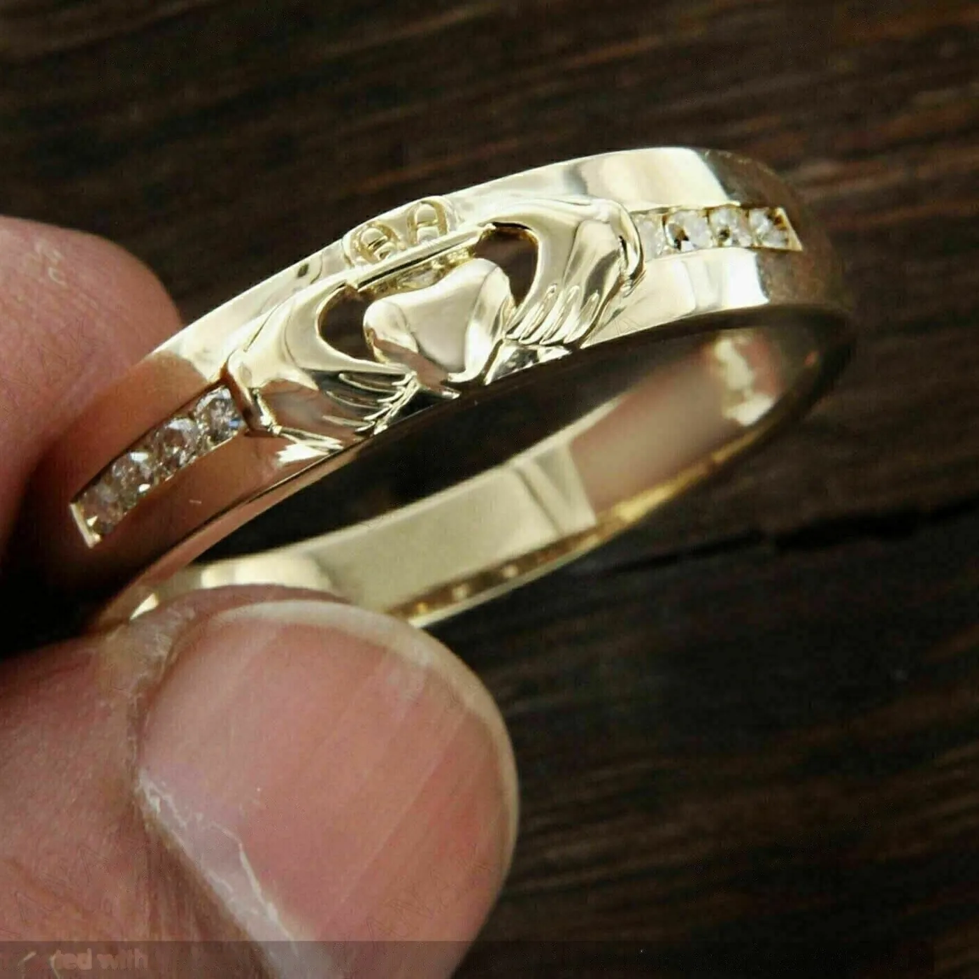 Authentic Men's 0.16 Ct Round Moissanite Claddagh Wedding Ring 14K Real Yellow Gold Plated