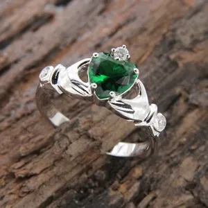 Authentic 1.0Ct Heart Cut Simulated Emerald Claddagh Engagement Ring 14k White Gold Plated