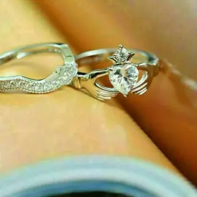 Authentic 14K White Gold Plated 2Ct Heart Real Moissanite Claddagh Women's Ring Bridal Set