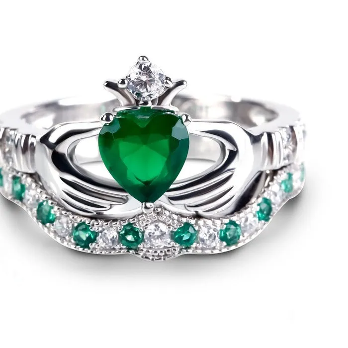 Authentic 1.50Ct Lab-Created Emerald Crown Claddagh Engagement Ring 14K White Gold Plated