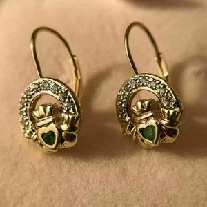 Authentic 2Ct Round Lab Created Emerald Claddagh Women's Earring 14K Yellow Gold Plated