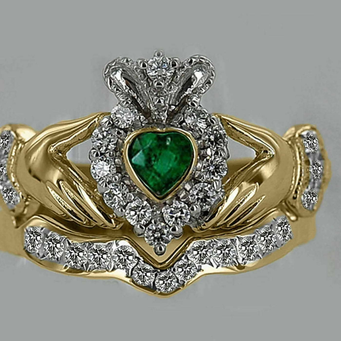 Authentic The Eternal Bond Claddagh Ring in Radiant Gold Plate with Moissanite and Emerald