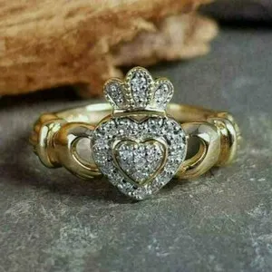 Authentic Real Moissanite 14k Yellow Gold Plated Silver 1Ct Round Engagement Claddagh Ring